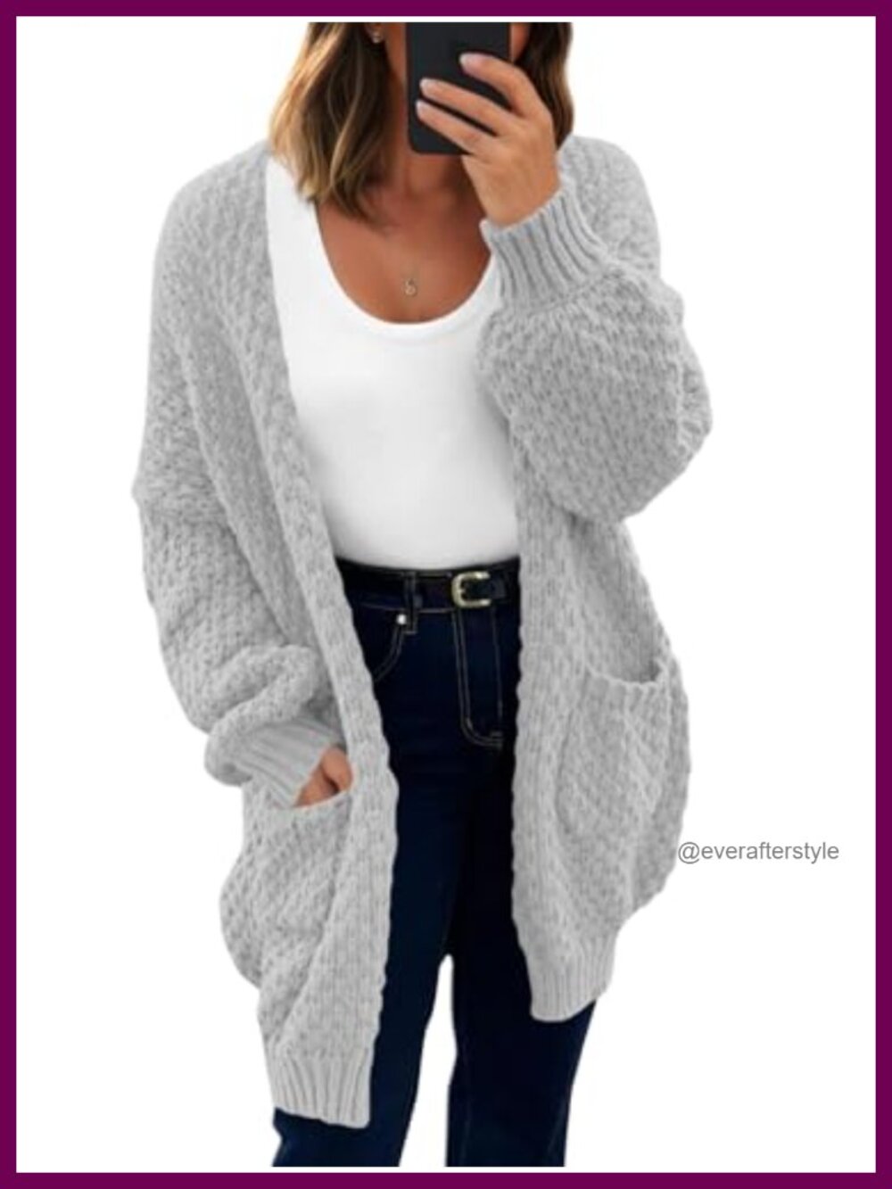 Waffle Knit Oversized Open Front Cardigan Lantern Sleeve Long Sweater